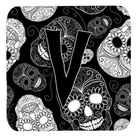 Carolines Treasures Letter V Day Of The Dead Skulls Black Foam Coasters- Set of 4 CJ2008-VFC